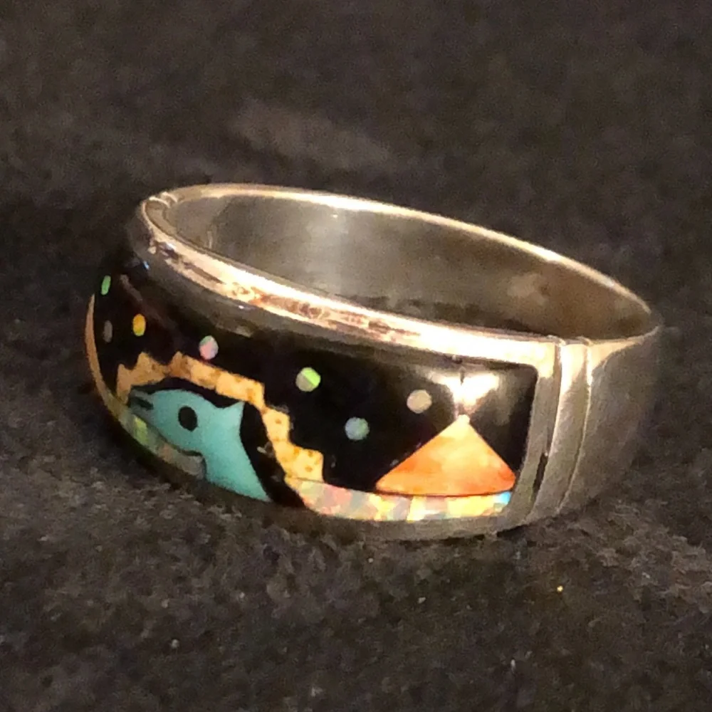 VINTAGE NATIVE AMERICAN RING Sterling Silver Opal Onyx MoonStone Tigers eye .NWT